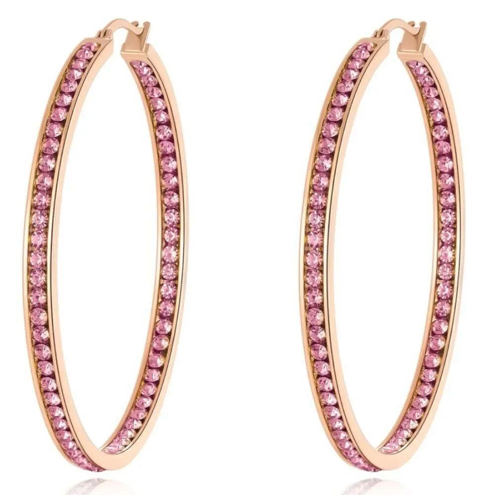 14K Rose Gold with Pink Sapphire Cubic Zirconia Big Hoop Latch Back Earrings